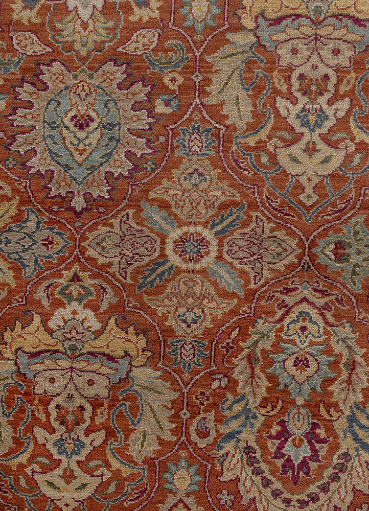 gulnar red and orange wool hand knotted Rug - CloseUp