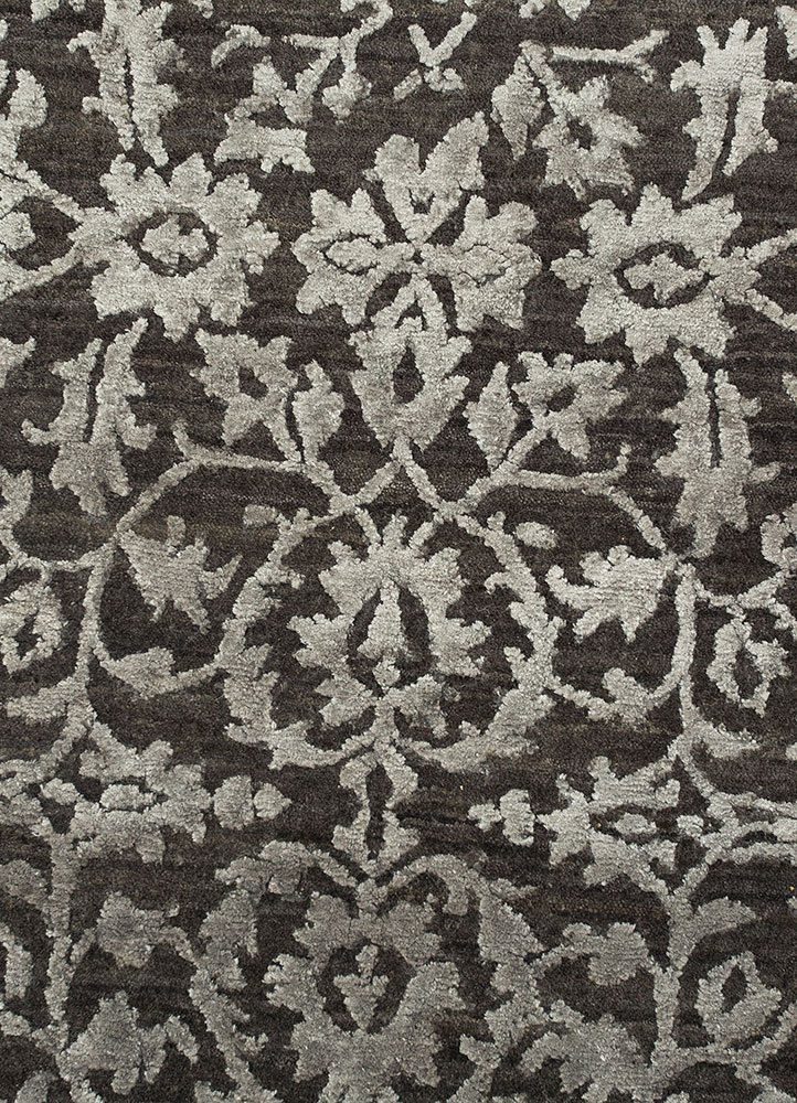 far east grey and black wool and viscose hand knotted Rug - CloseUp