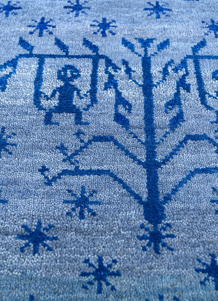manchaha blue wool hand knotted Rug - CloseUp