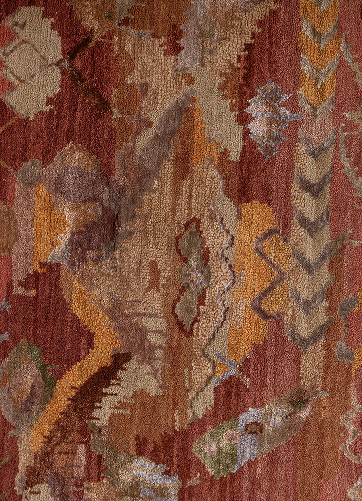 manchaha red and orange wool and bamboo silk hand knotted Rug - CloseUp