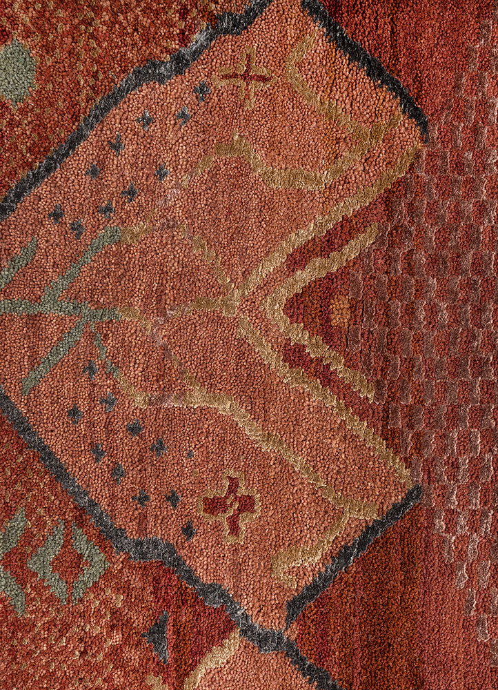 manchaha red and orange wool and bamboo silk hand knotted Rug - CloseUp
