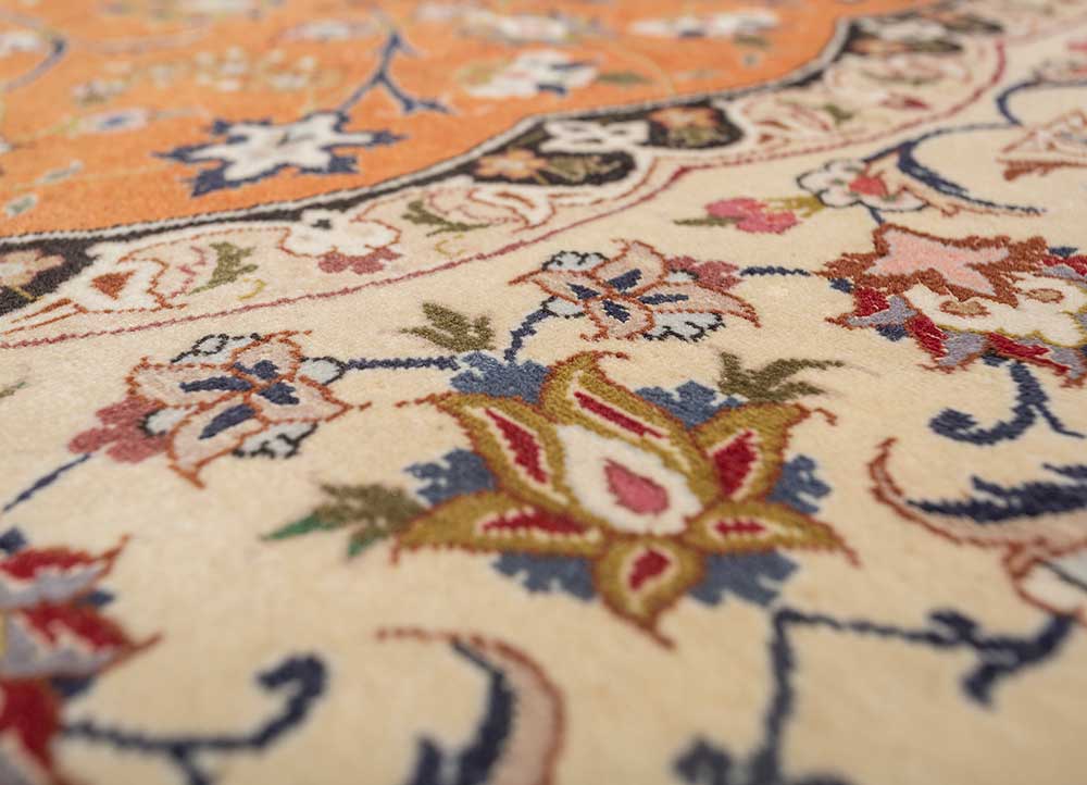 aalam red and orange wool and silk hand knotted Rug - CloseUp