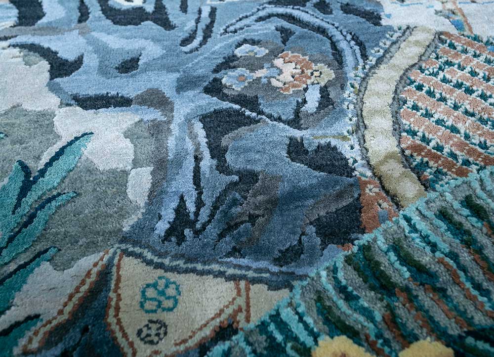 inde rose blue wool and silk hand knotted Rug - CloseUp