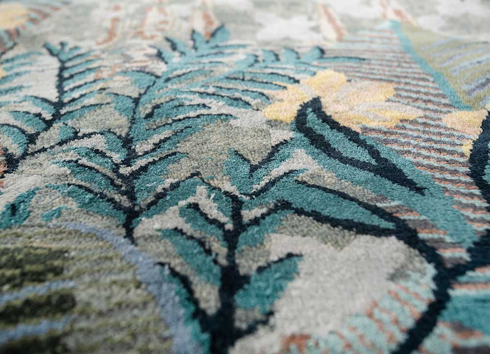 inde rose blue wool and silk hand knotted Rug - CloseUp