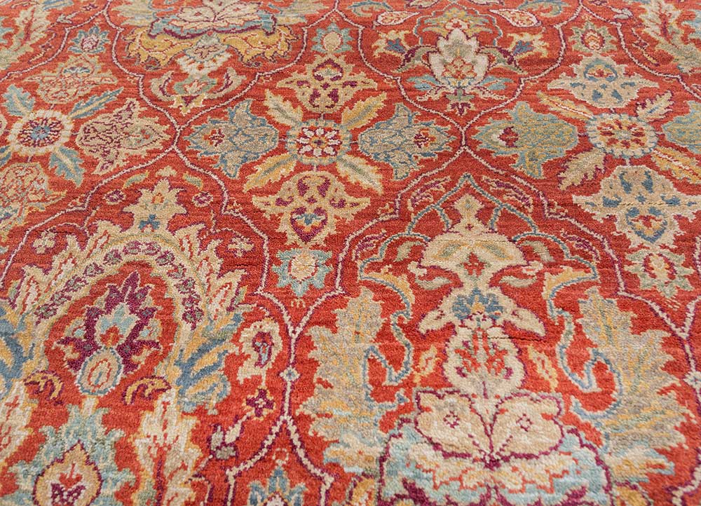 gulnar red and orange wool hand knotted Rug - CloseUp