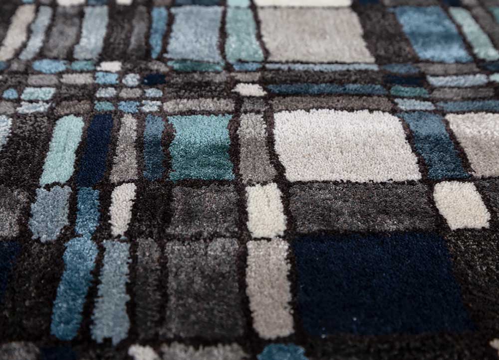 linear blue wool and viscose hand tufted Rug - CloseUp