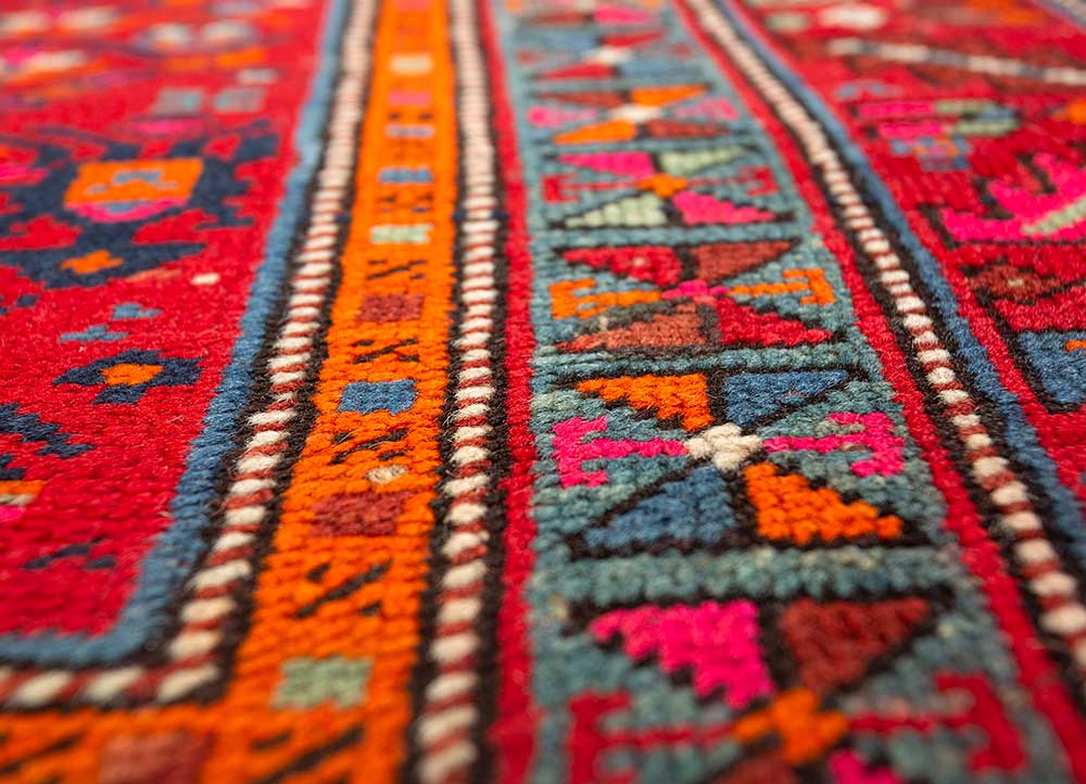 aalam red and orange wool hand knotted Rug - CloseUp