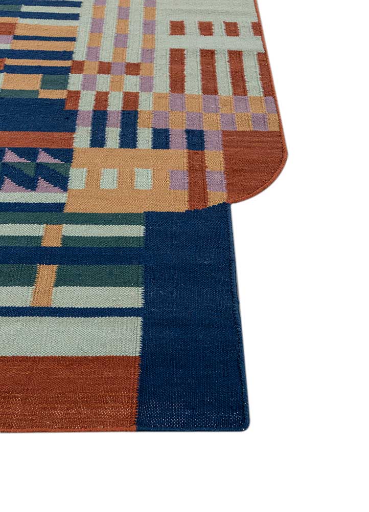 checkers blue wool flat weaves Rug - Corner