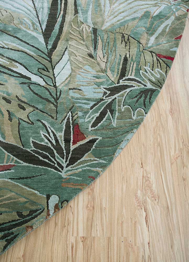 inde rose green wool and silk hand knotted Rug - Corner