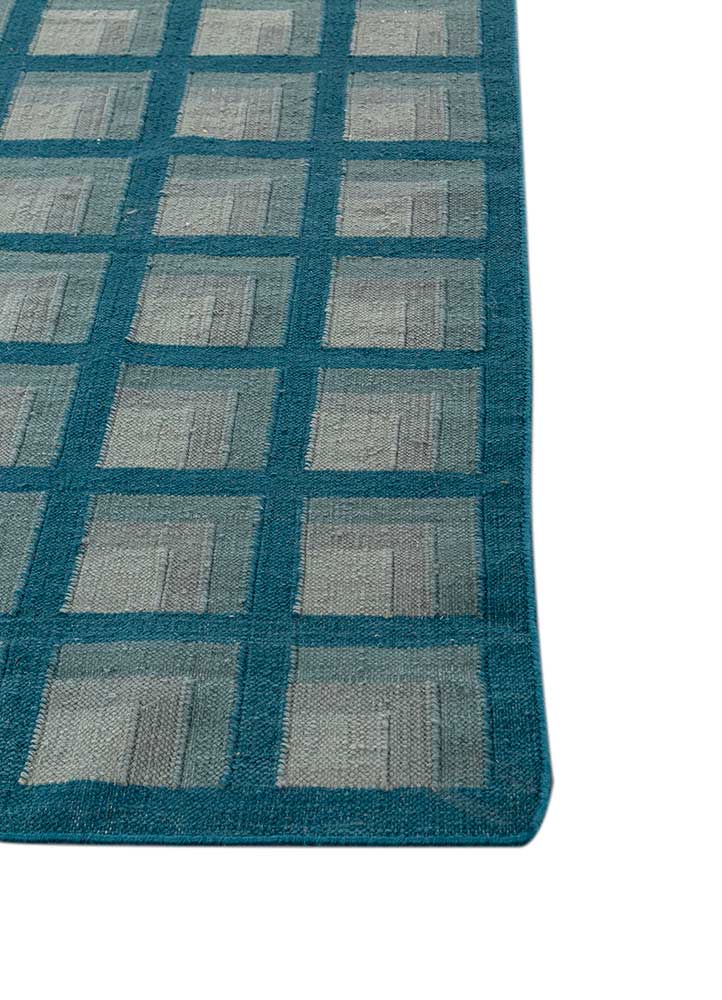 checkers blue wool flat weaves Rug - Corner