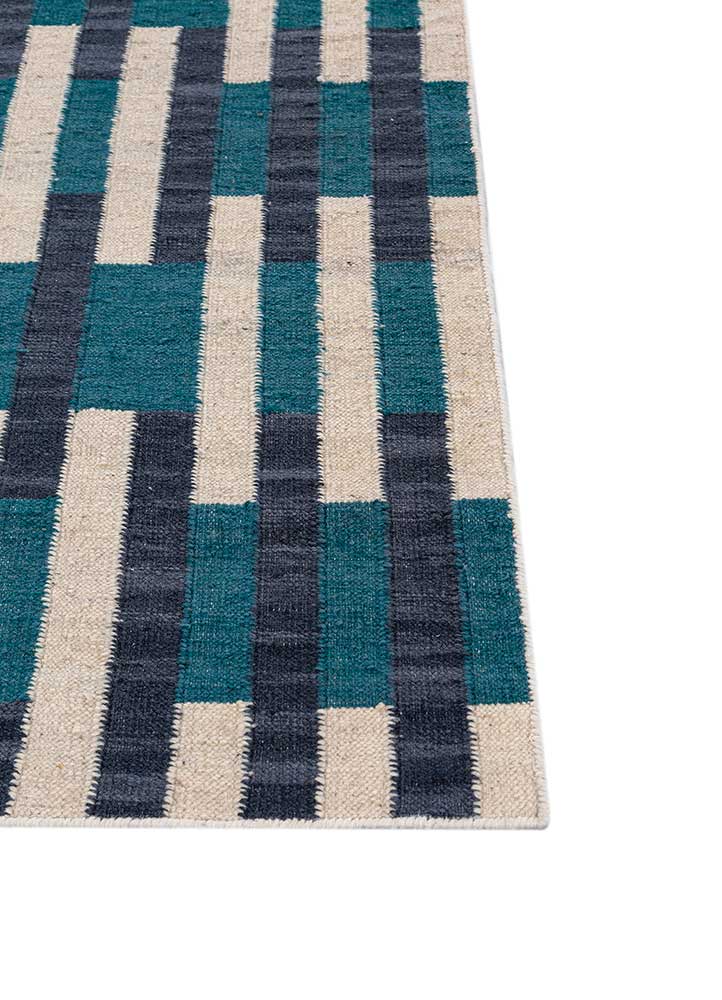 checkers blue wool flat weaves Rug - Corner