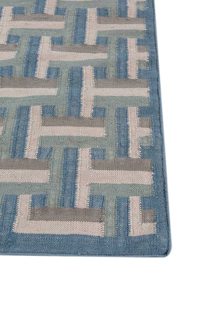 checkers blue wool flat weaves Rug - Corner