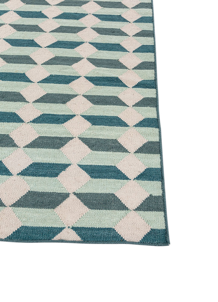 checkers blue wool flat weaves Rug - Corner