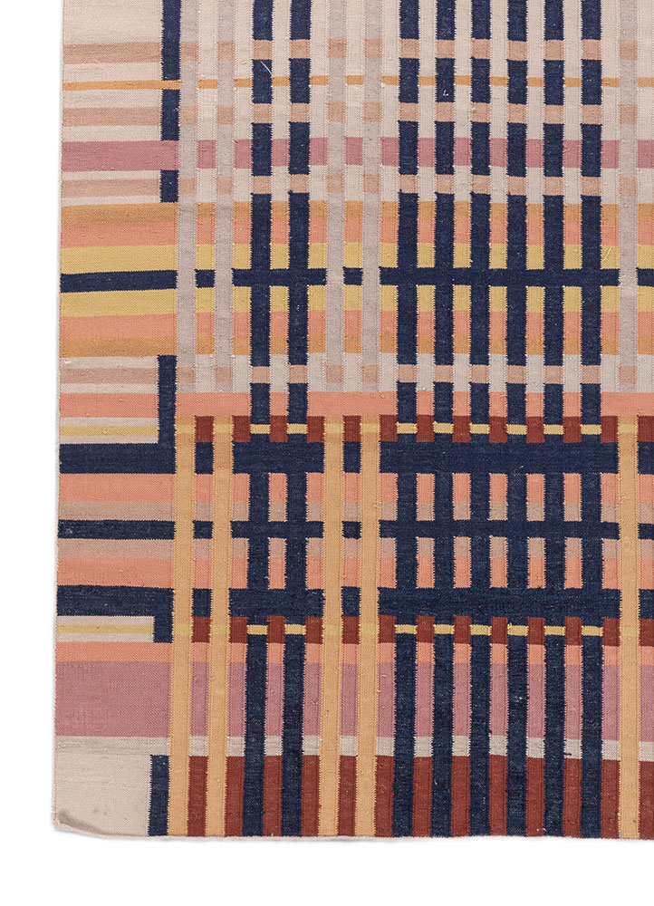 checkers blue wool flat weaves Rug - Corner