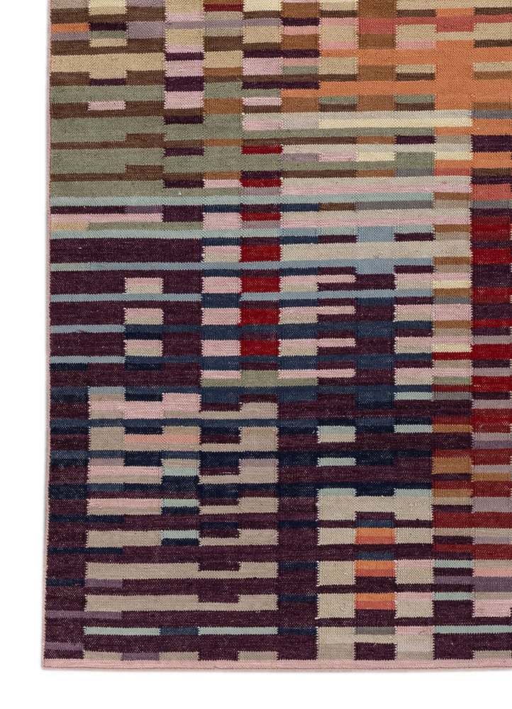 checkers pink and purple wool flat weaves Rug - Corner