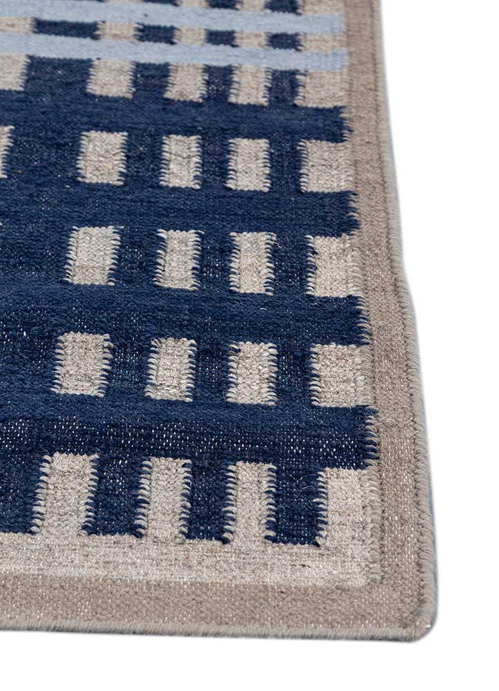 checkers blue wool and viscose flat weaves Rug - Corner