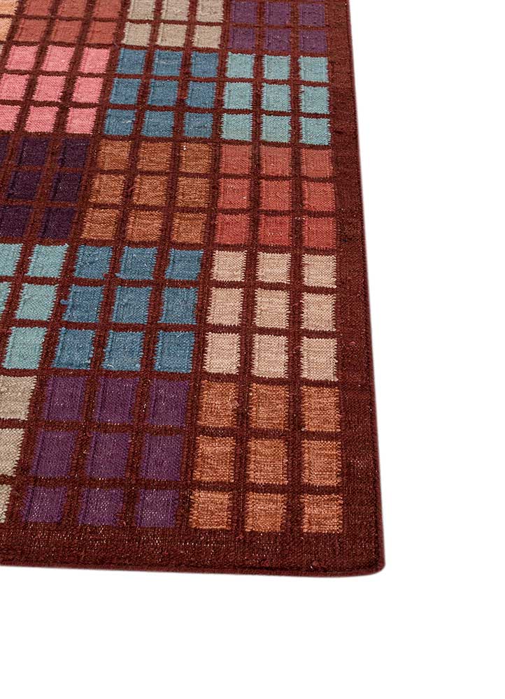 checkers red and orange wool and viscose flat weaves Rug - Corner