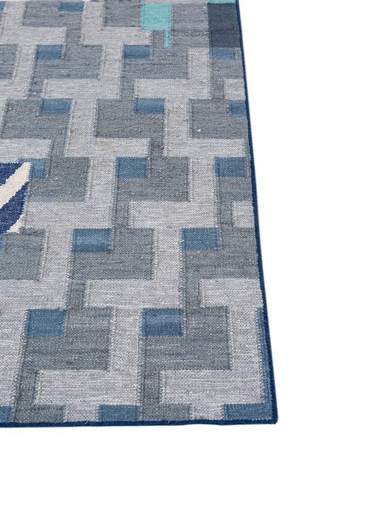 checkers blue wool and viscose flat weaves Rug - Corner