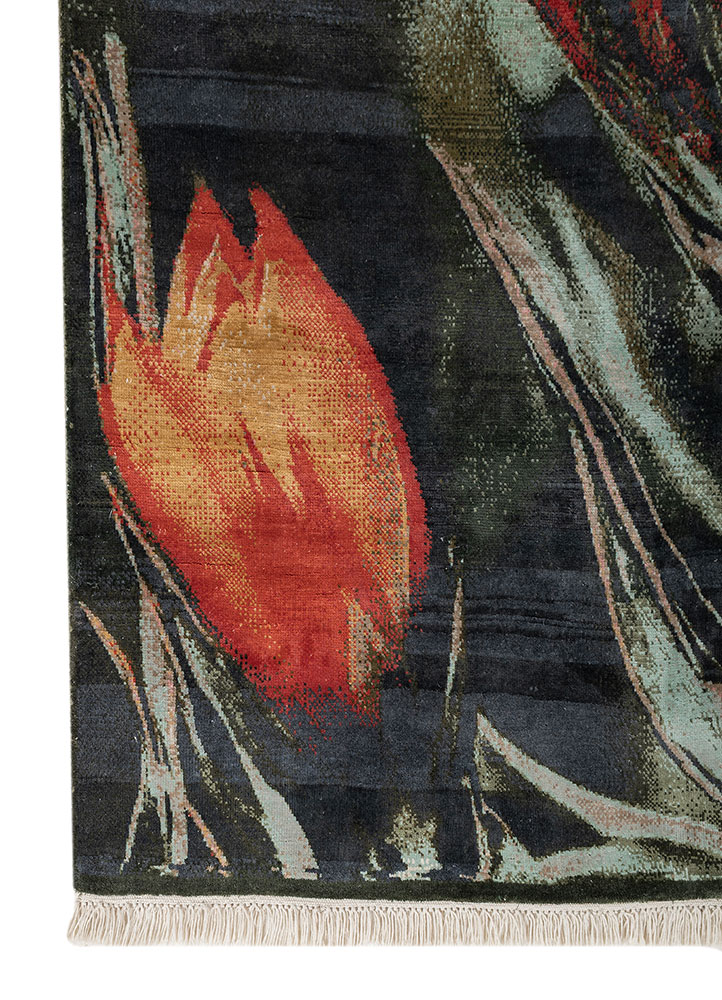 pansy ivory silk hand knotted Rug - Corner