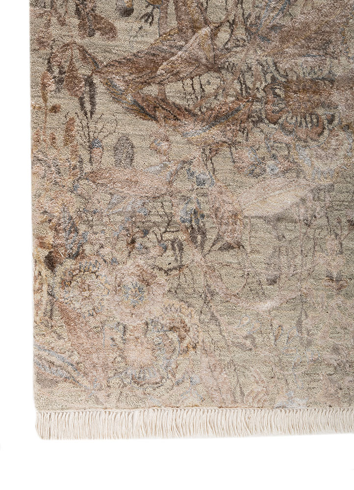 pansy green wool and bamboo silk hand knotted Rug - Corner