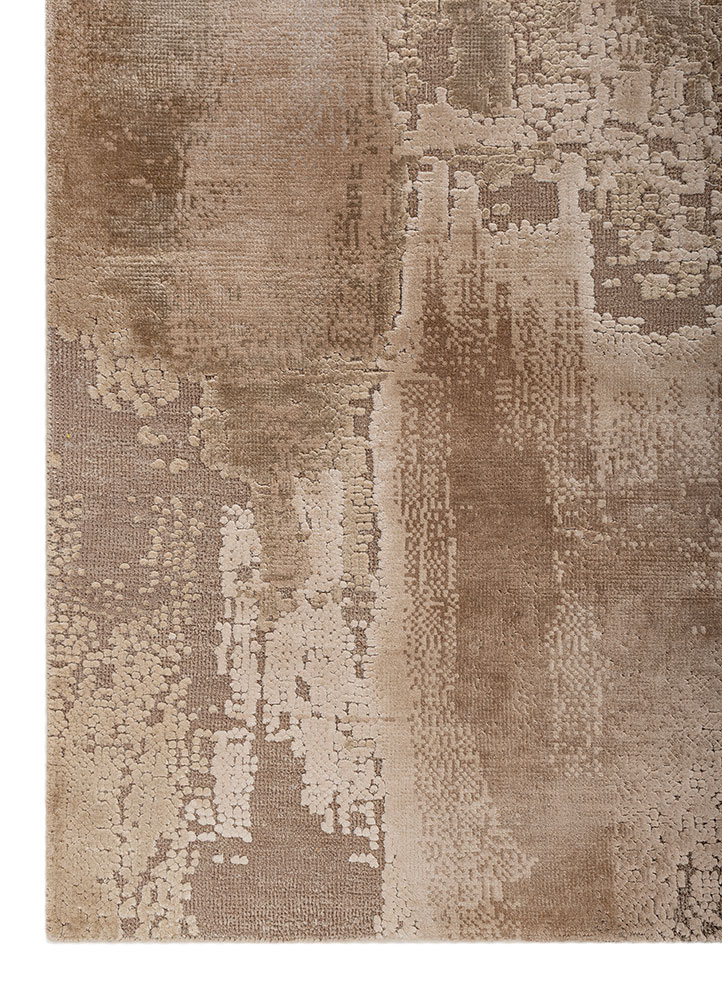 entropy beige and brown wool and bamboo silk hand knotted Rug - Corner