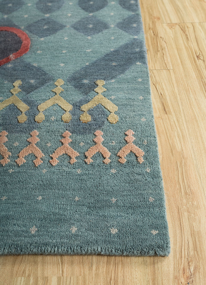 kolam blue wool and bamboo silk hand knotted Rug - Corner