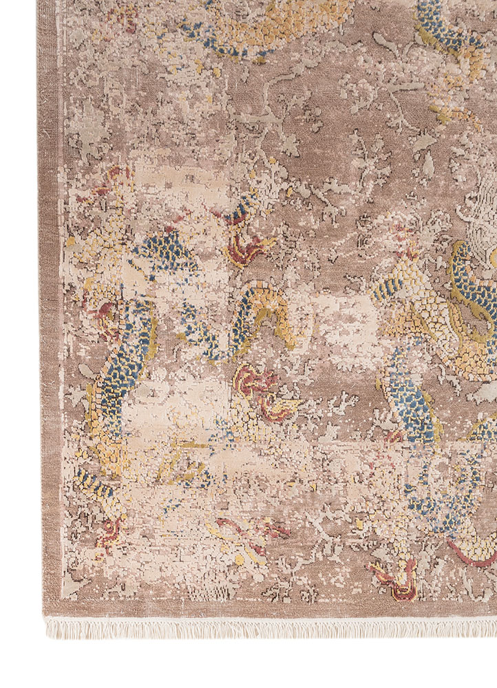 far east beige and brown wool and silk hand knotted Rug - Corner