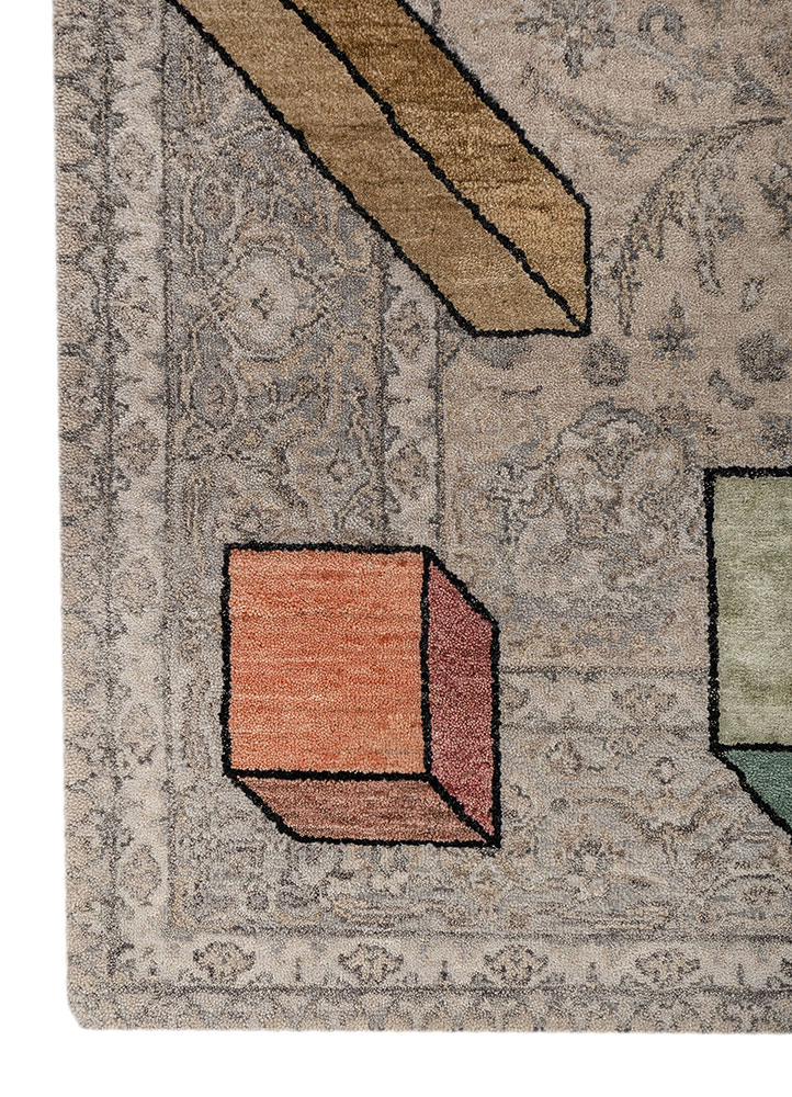 playing with tradition grey and black wool and silk hand knotted Rug - Corner