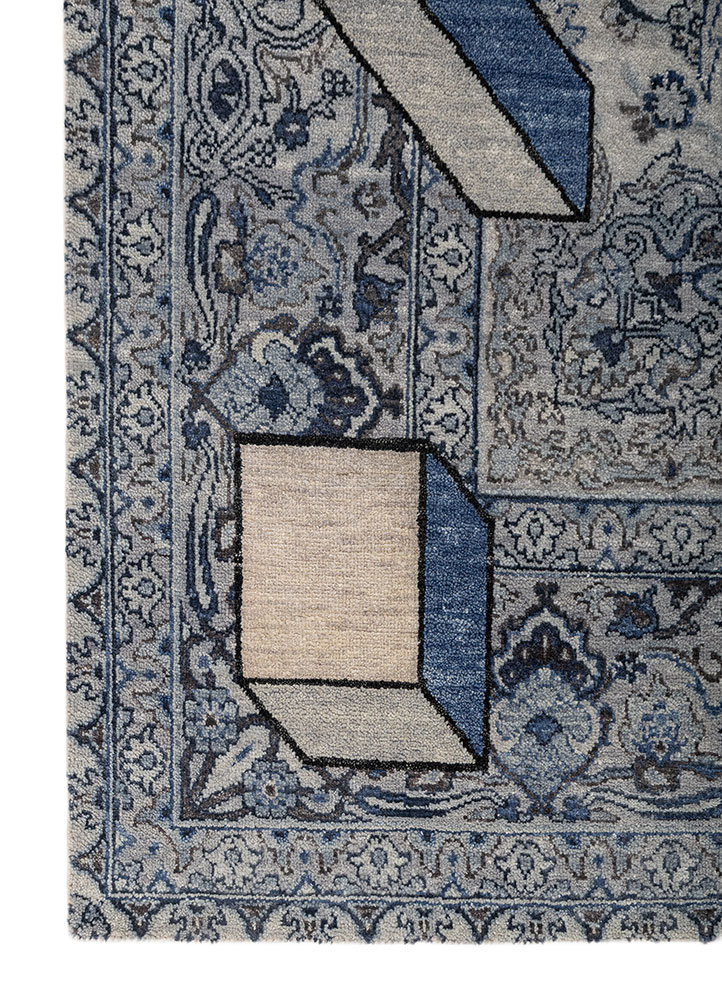 playing with tradition blue wool and silk hand knotted Rug - Corner