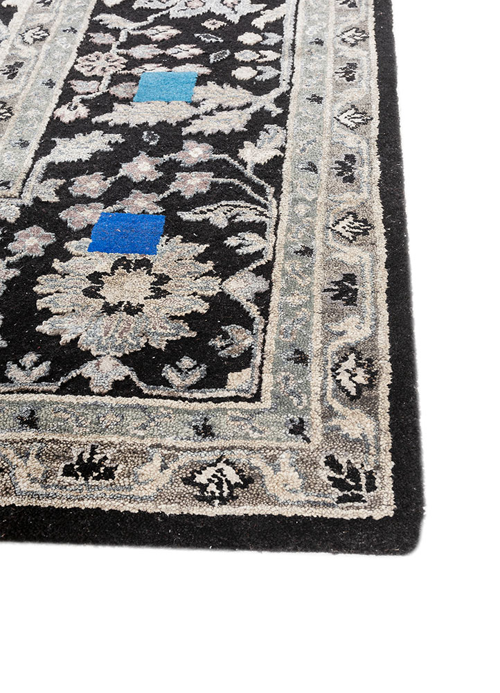 playing with tradition grey and black wool and silk hand knotted Rug - Corner