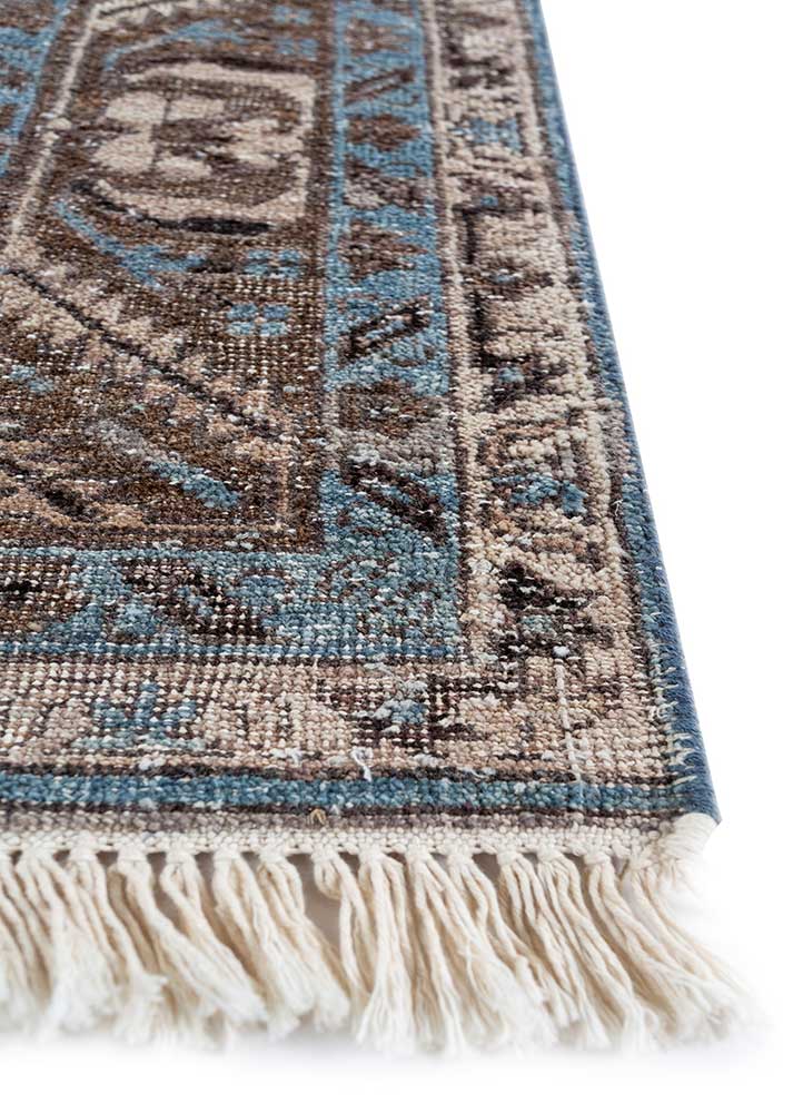 someplace in time blue afghan wool hand knotted Rug - Corner