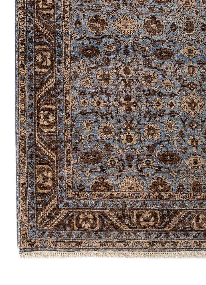 someplace in time blue afghan wool hand knotted Rug - Corner
