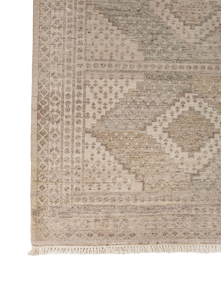 someplace in time beige and brown afghan wool hand knotted Rug - Corner