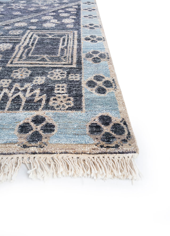 thyme blue afghan wool hand knotted Rug - Corner