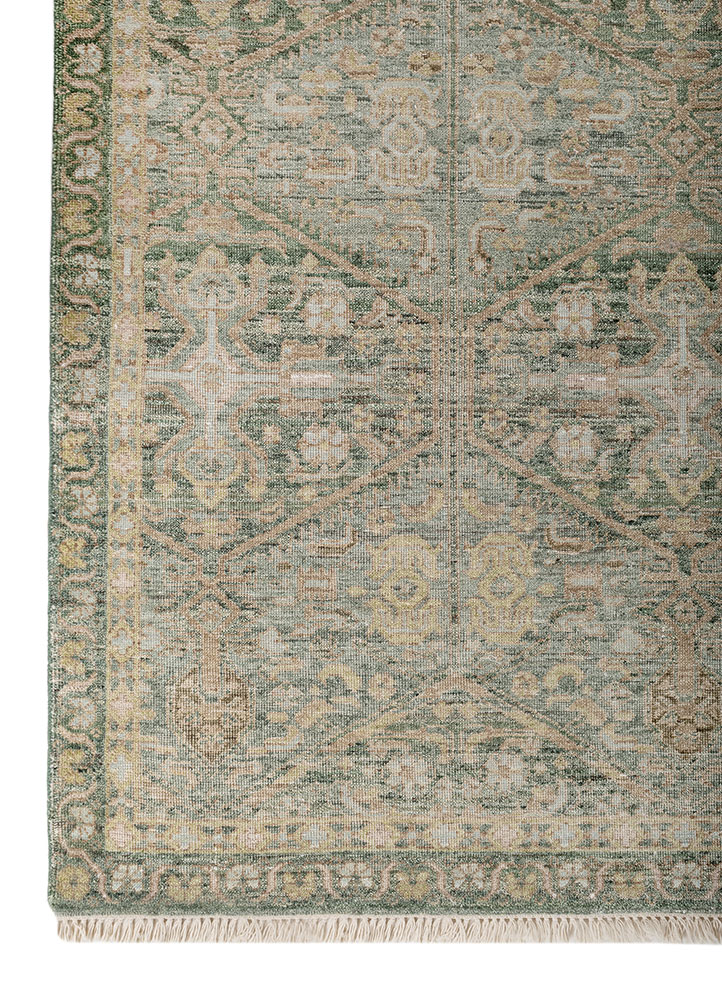someplace in time green afghan wool hand knotted Rug - Corner