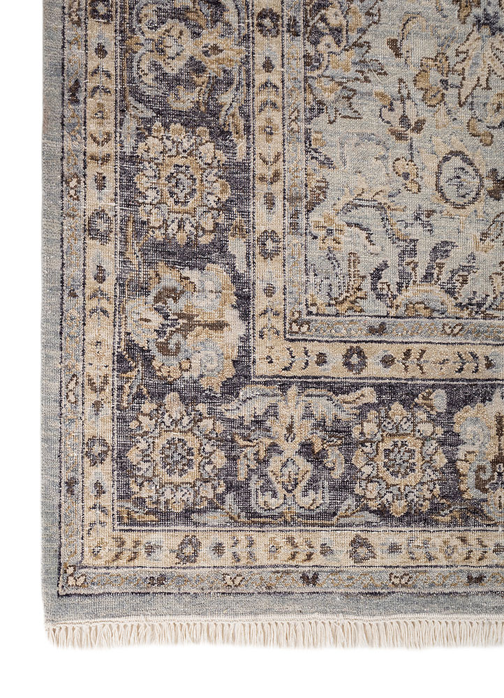 someplace in time blue afghan wool hand knotted Rug - Corner
