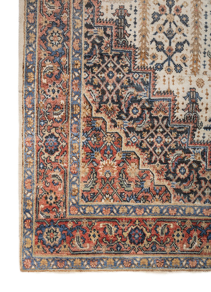 someplace in time ivory afghan wool hand knotted Rug - Corner