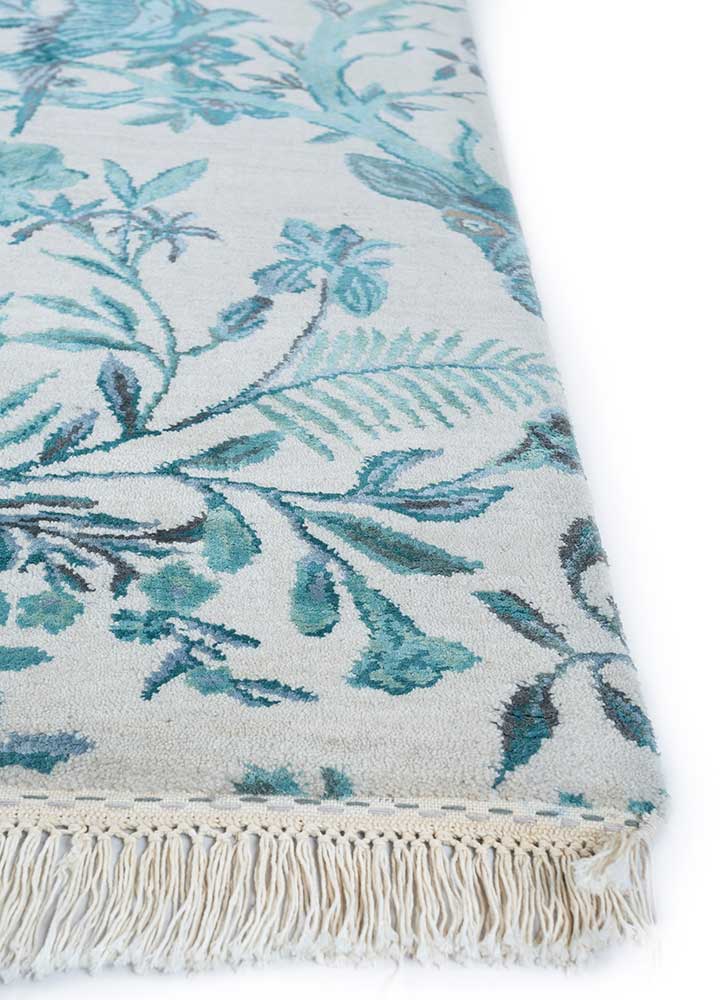 pansy blue wool and silk hand knotted Rug - Corner