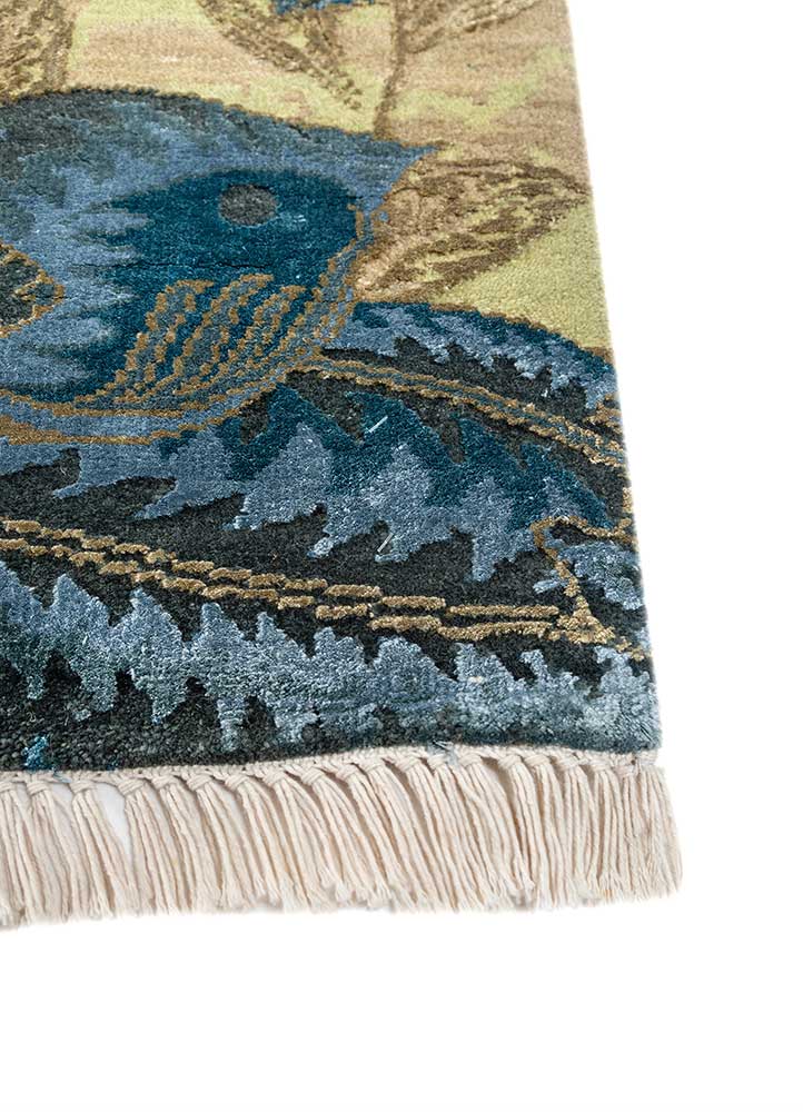 pansy green wool and bamboo silk hand knotted Rug - Corner