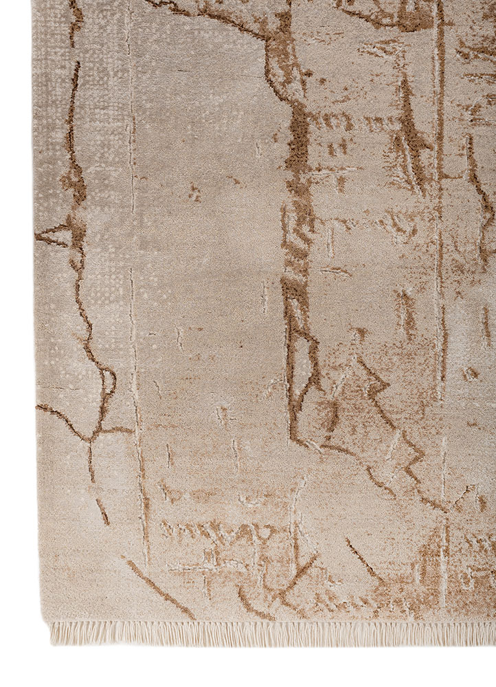 script beige and brown wool and bamboo silk hand knotted Rug - Corner