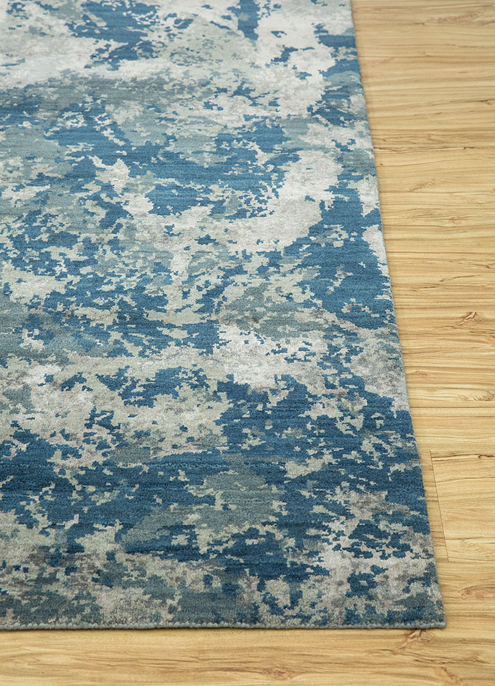 chaos theory by kavi blue wool and bamboo silk hand knotted Rug - Corner