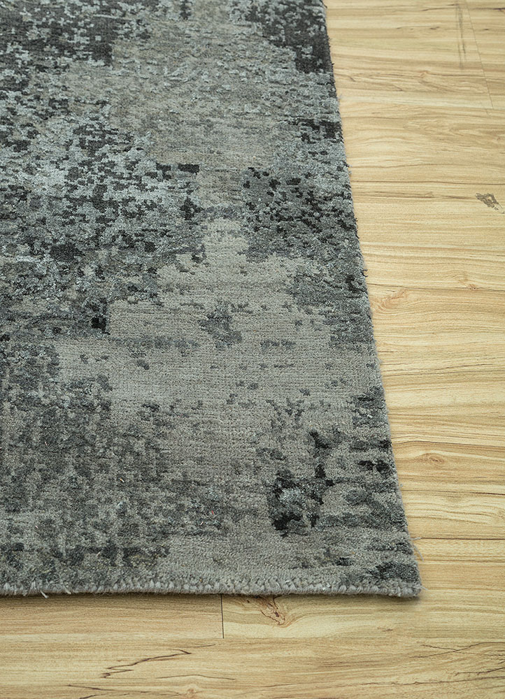 project error by kavi grey and black wool and bamboo silk hand knotted Rug - Corner