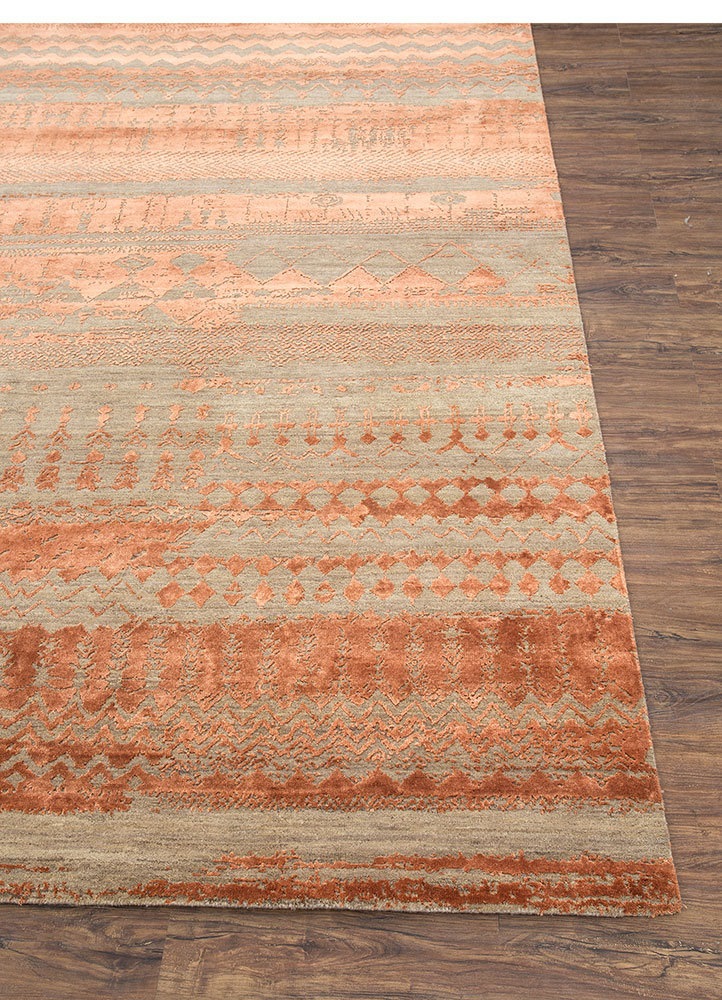 project error by kavi beige and brown wool and bamboo silk hand knotted Rug - Corner