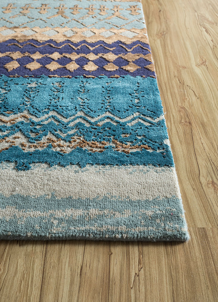 project error by kavi blue wool and bamboo silk hand knotted Rug - Corner