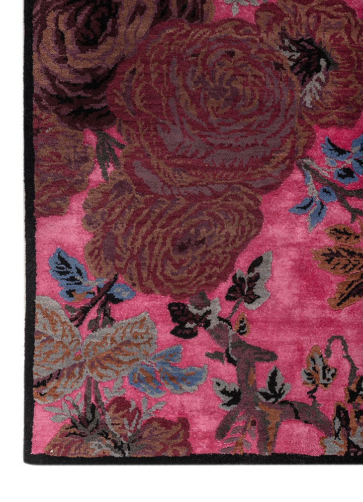 gilded age pink and purple wool and bamboo silk hand knotted Rug - Corner