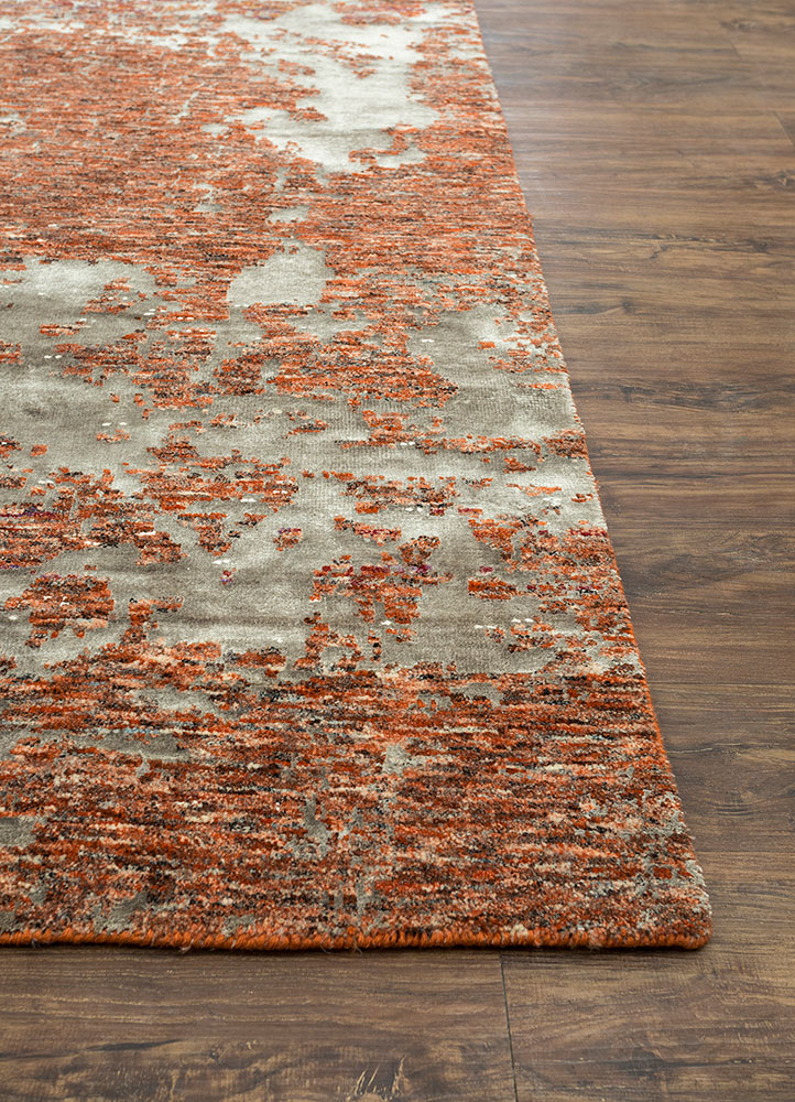 chaos theory by kavi red and orange wool and bamboo silk hand knotted Rug - Corner