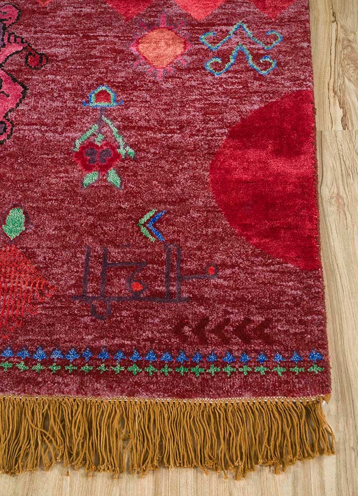 manchaha red and orange wool and bamboo silk hand knotted Rug - Corner