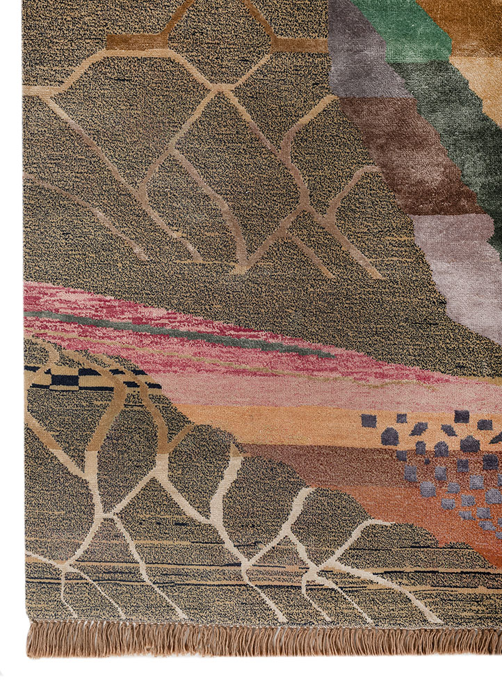 manchaha red and orange wool and bamboo silk hand knotted Rug - Corner