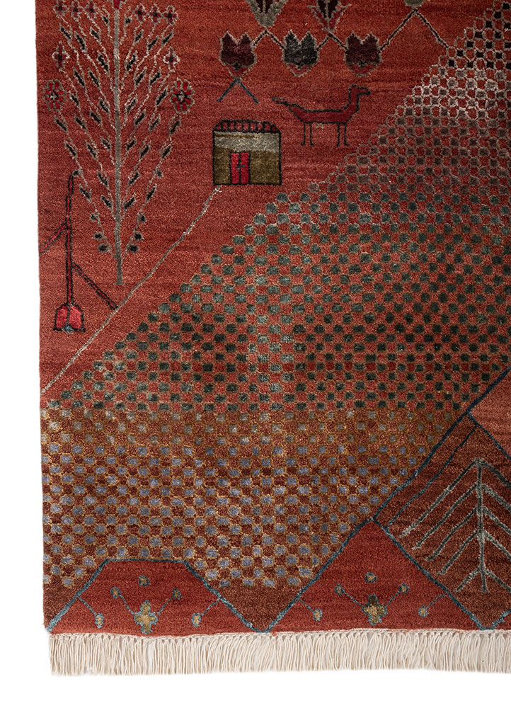 manchaha red and orange wool and bamboo silk hand knotted Rug - Corner