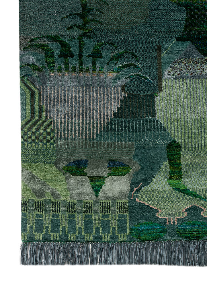 manchaha green wool and silk hand knotted Rug - Corner